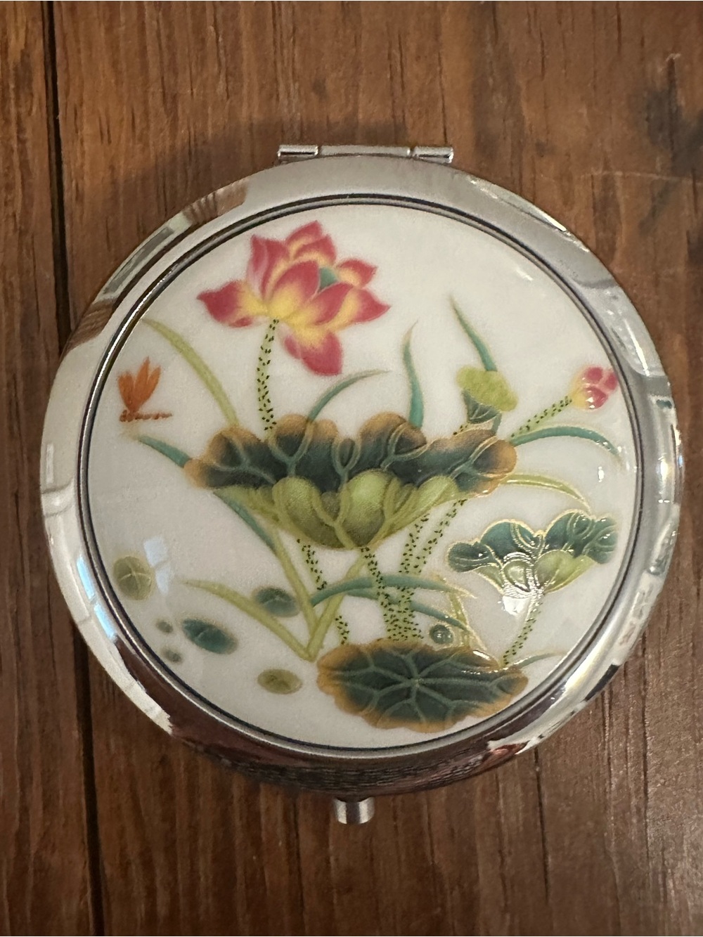 Floral Lotus Compact Mirror - Green and Pink